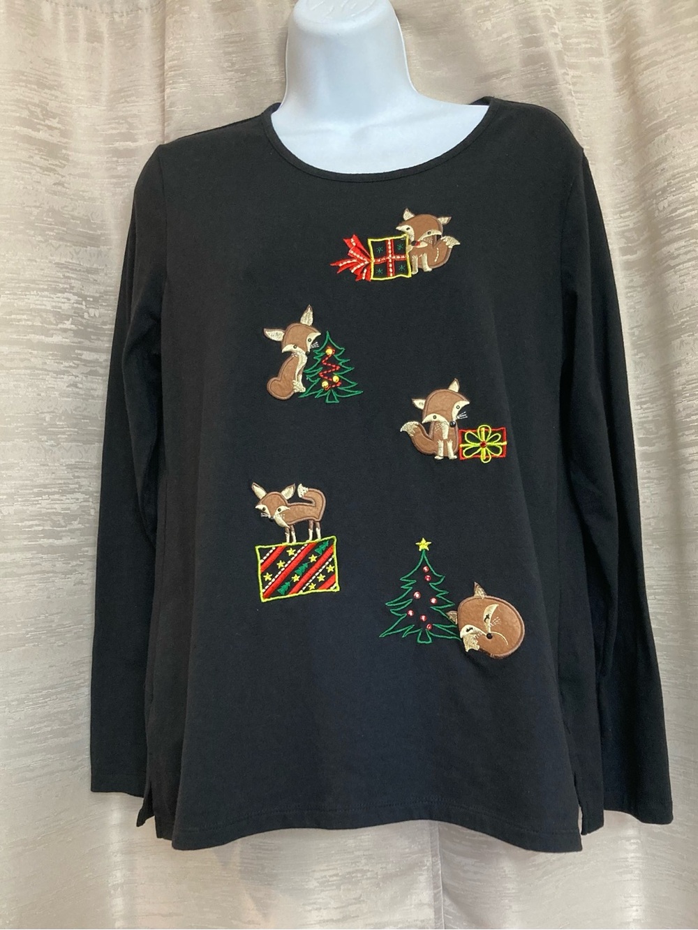 Kim Rogers Black Long-Sleeve Holiday Fox Appliqué Top size Large